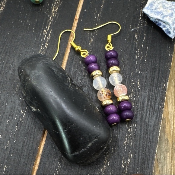 Stunning Purple and Gold Dangle Earrings flower agate - Picture 1 of 1